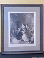 Framed black and white print depicting a historical scene with the widowed queen and children indoors by a window.