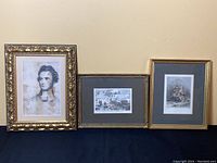 Group image of three framed artworks including the watercolor portrait and two colored prints showing General Wolfe and historical scenes.