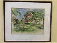 Framed painting showing entire artwork and frame, hung on wall.