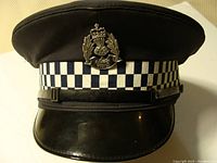 Front view of the black police cap with black and white checkered band and silver badge.