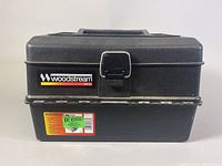 Closed black Woodstream tackle box front view
