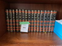 Photo of set of 18 hardcover history books with decorative spines on wooden shelf.