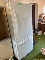 White LG refrigerator with closed doors on a green carpet inside a room.