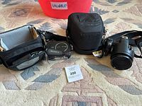 Photo showing the Sony Handycam camcorder, Sony Cyber-shot camera, and their carrying cases on a patterned carpet.