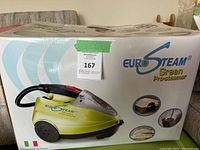 Photo showing the Eurosteam Green Pro-Steamer steam cleaner box with product image and branding including designed in Italy.