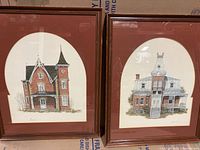 Two framed artworks showing historic houses by Walter Campbell, signed and dated 1978. Both matted with reddish mats in wooden frames.
