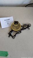 Photo of the brass padlock with black chain and key showing front with 'EXCELSIOR 6 LEVER' embossed.