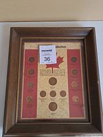 Framed collection of Canadian pennies with informative background text and a central maple leaf graphic.
