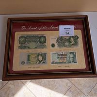 Framed collection of four British one pound banknotes each labeled with its issue period from 1948 to 1987, titled 'The Last of the British Pounds'.