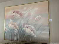 Full view of framed floral canvas signed by artist
