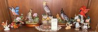 Wide view of the shelf holding 14 various painted bird figurines with a doily under some pieces.