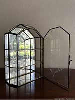 Front view of vintage brass and glass embossed display case with door open revealing inside shelves and floral details on glass.