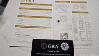 Photo of GRA grading report and certificate card showing moissanite grading results including 1 carat weight, D color, VVS1 clarity, excellent cut, polish, symmetry, and no fluorescence.
