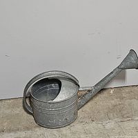 Side view of galvanized metal watering can showing handle, body, and spout with rose attachment on concrete floor.