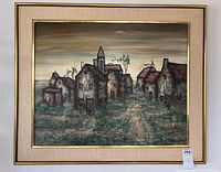 Full frontal view of framed oil painting showing village scene