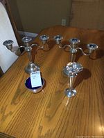 Group shot showing pair of candelabras, condiment dish and bud vase