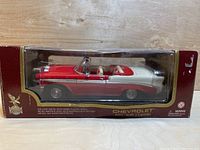 Front view of the Chevrolet Bel Air 1956 die cast metal model car in original box showing the red and white convertible and collector branding on box.