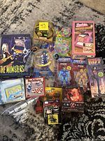 Top down view of all vintage toys showing box details and figures