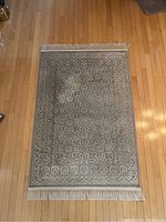 Full view of rectangular Beluchi carpet on hardwood floor, showing overall color and pattern.
