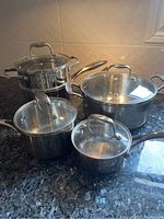 Full set of 9 pieces shown, including pots of various sizes with glass lids and a strainer/steamer insert.