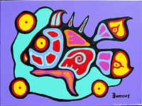 Full frontal view of the colorful fish painting on purple background