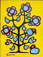 Close-up front view of the painting showing flowers, birds and artist signature