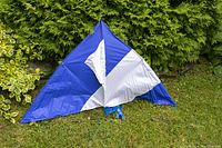 Blue and white nylon kite laid on grass showing front view.