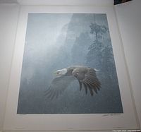 Photo of the Robert Bateman limited edition print titled 'Vigilance' showing a bald eagle in flight with a misty forest background. Signed and numbered visible.