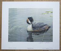 Full front view of the signed and numbered Robert Bateman print depicting a Great-Crested Grebe on water with surrounding lily pads.