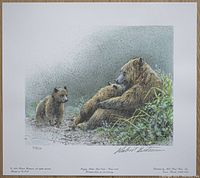 Full view of the limited edition print showing the grizzly bear mother and two cubs scene with signature and number 81/950 visible.