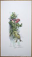 Full view of the Robert Bateman Red Crossbills limited edition print showing two birds on evergreen branches, signed and numbered 228/950.