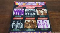 Front cover of the Motown 25th Anniversary TV Special vinyl record showing photos of featured groups and song medleys.