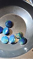 Top view of eight calibrated Ethiopian black opal gemstones in a round container, showing various sizes and vibrant rainbow flashes.