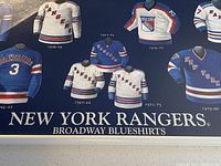 Close-up of the lower section showing small detailed images of historical Rangers jerseys with season dates and 'New York Rangers Broadway Blueshirts' text.