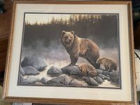 Framed print showing bear and cubs on rocks by misty water and forest background