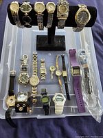 Full view of the assortment of 17 watches arranged on a black display stand and plastic container base