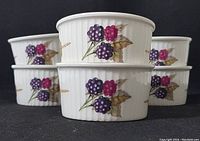 Set of six vintage Royal Worcester flameproof porcelain ramekins decorated with Evesham fruit pattern.
