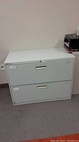Full frontal view of a short, wide gray metal filing cabinet with two drawers and beige handles, positioned against a beige wall on a carpeted floor.