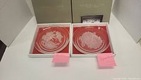 Two Hoya Crystal plates in original boxes labeled 'Dianthus' and 'Chrysanthemum'. Plates are clear with etched flower designs on glass.