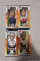 Four hand painted Team Canada hockey bobbleheads in original packaging, showing characters including Wayne Gretzky and Sakic. Boxes are intact and new.