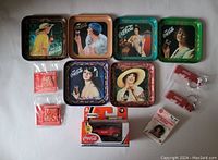 Photo showing all items including six Coca-Cola tin coasters with vintage artwork, two Coca-Cola key chain bottle openers, two Sochi 2014 Olympic Games Coca-Cola pins, one Mario Lemieux 2002 pin, and one boxed Coca-Cola Matchbox toy car.