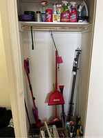 Photo of closet with cleaning tools and household utility items hung or placed inside.