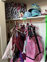 Storage bin with Betty Boop duffel bag on top, several purses and tote bags hanging beneath, assorted styles including leather and homemade fabric.