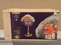 Photo of the original packaging box showing the Hampton Bay table lamp with the hand painted floral glass shade and brass-tone metal base.