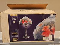 Box showing the image of the lamp with hand painted floral design on the glass dome shade and metal base.