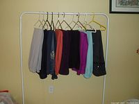 Full view of 10 pairs of women's pants hanging on a rack in multiple colors including light grey, navy blue, black, coral, purple, teal, and dark colors indicating the lot contents.