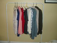 Full view of 10 women's tops on hangers on a rack showing assorted colors and styles, including floral, striped, and solid tops.