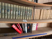 Shelf displaying green cloth-bound classic literature volumes with gold stamping and colored medallions alongside tan cloth-bound hardcover volumes