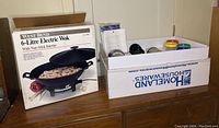West Bend 6-Litre Electric Wok in original packaging with picture and features shown on box next to a box containing Magic Bullet accessories.