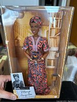 Maya Angelou Barbie doll in clear display case, showing traditional pink and black patterned dress with matching headwrap, holding a book, with bookshelf background and name plaque.